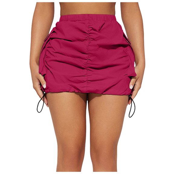 Women's Tennis Skirts Summer Womens Cargo Skirt Casual Summer High Waisted Bodycon Pencil Ruched Side Pockets Red XS