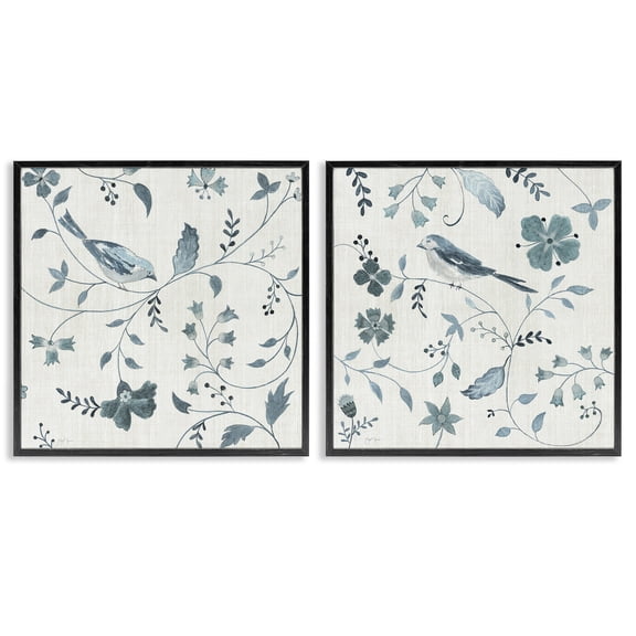 Stupell Industries Natural Birds & Branches Floral Painting Black Framed Art Print Wall Art, 12 x 12, Set of 2