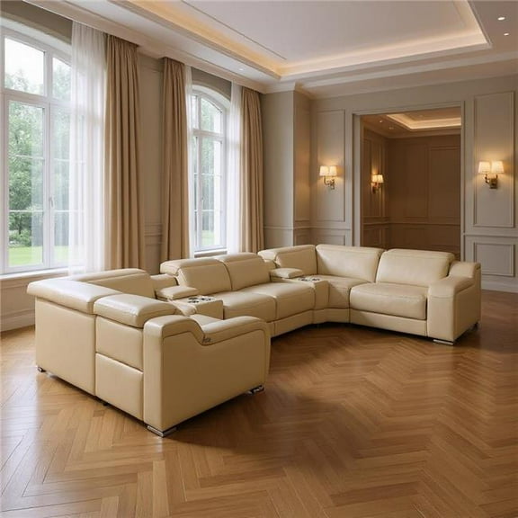 HomeRoots 632561 39 x 174 x 85 in. Beige Italian Leather Power Reclining U Shaped Corner Sectional with Console - 8 Piece