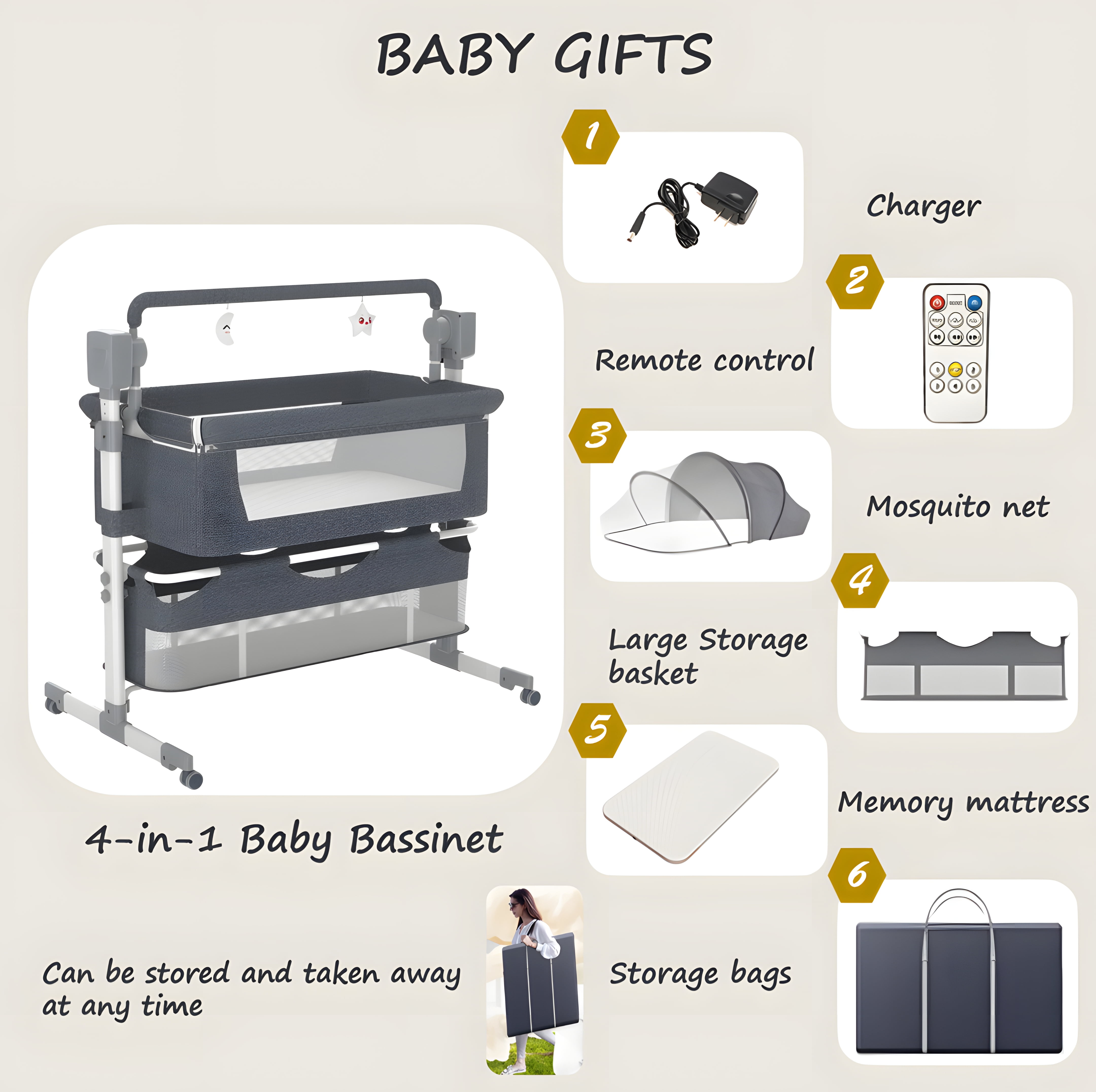 Electric Baby Bassinet,Newborn Bedside Sleeper,Baby Rocking Crib with Bluetooth,Remote control,Unisex,GREY
