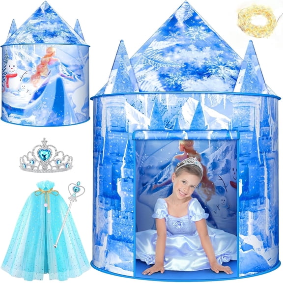 Beefunni Princess Tent for Girls, Kids Pop Up Winter Castle Play Tent with Snowflake String Lights, Indoor/Outdoor Playhouse, Birthday Gift for Kids Ages 3 