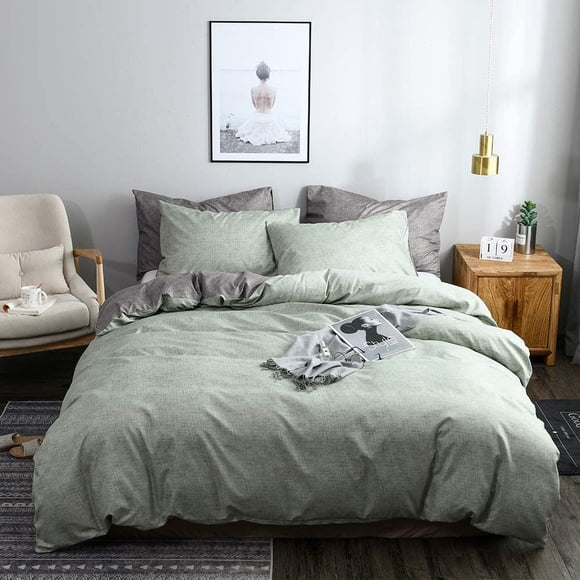 Bed Linen with Pillowcase Microfibre Children Girls Reversible Bed Linen Grey Dusky Pink Duvet Cover Three-Piece Suit（Light Green US-King260*230）