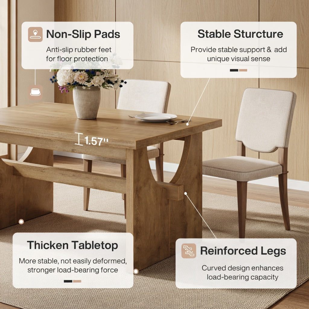 Hommoo 63 Inch Farmhouse Dining Table for 4-6 People, Rustic Rectangular Kitchen Table with Sturdy MDF Construction & Easy 30-Minute Assembly, Natural