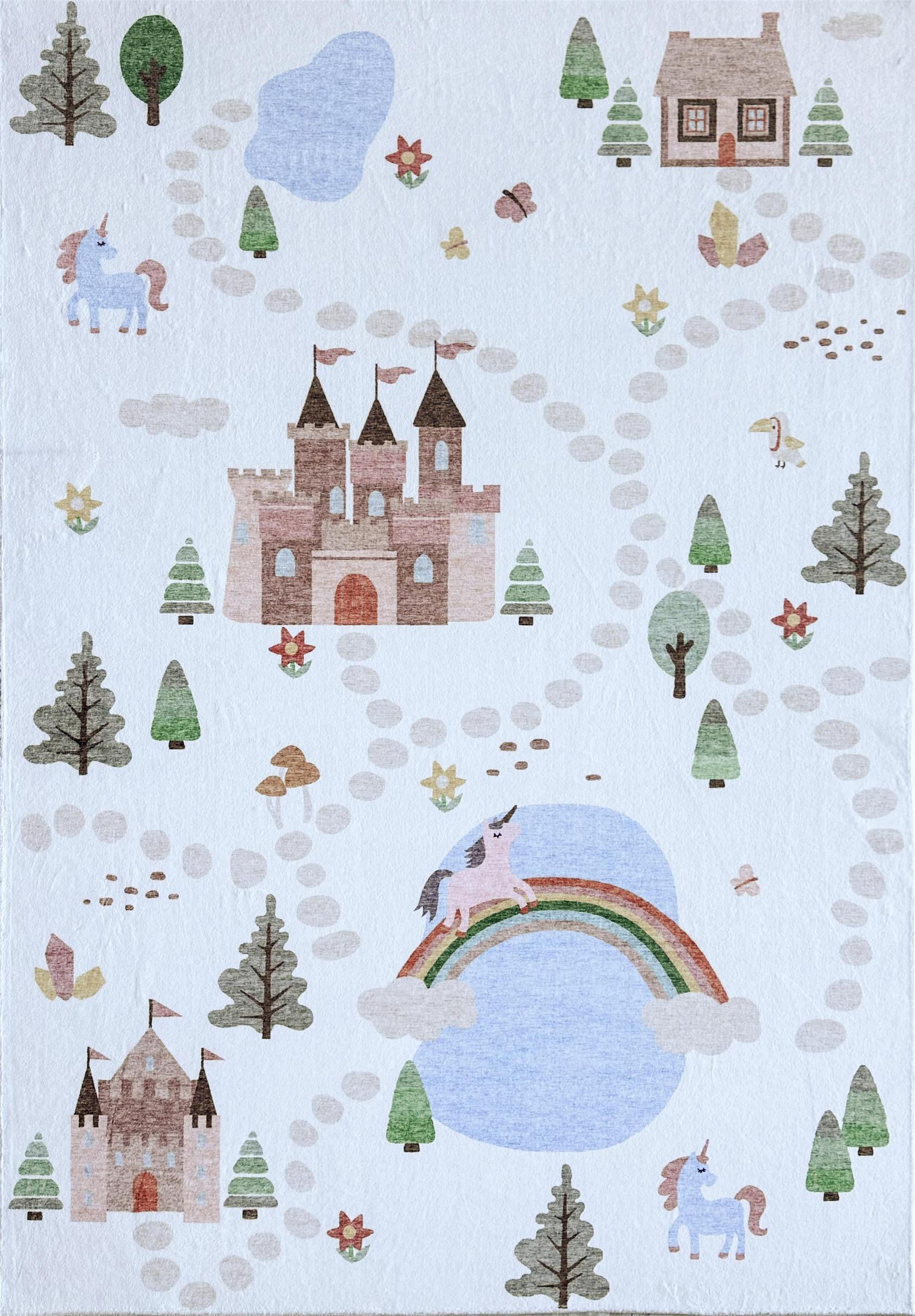 Rug Branch Soft Steps Playtime Licornes, Chateau, Carte routiere, Tapis educatif doux, Blanc Bleu - Garcons et filles dans la salle de jeux, la creche, la chambre