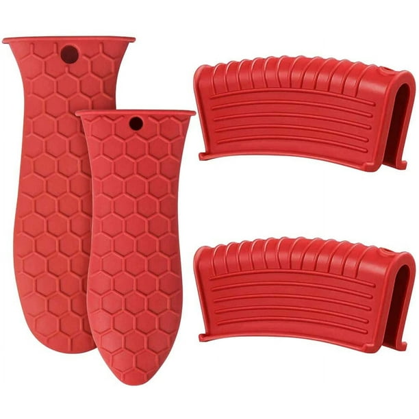 Soporte de silicona para mango caliente, paquete de 4 soportes para sartenes con mango de manga antideslizantes de goma para sartenes de hierro fundido, asas, cubiertas de agarre para sartenes de hierro fundido, sartenes, parrillas, utensilios de cocina (negro)