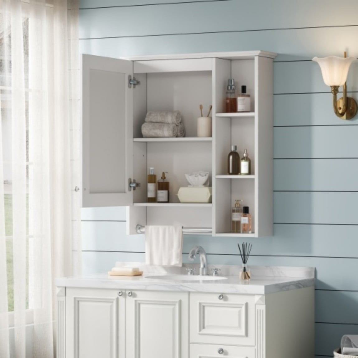 24" Wall Mounted Medicine Cabinet with Mirror, Bathroom Storage Cabinet with Adjustable Shelf, Soft Close Door & Towel Bar, Modern Over Toilet Organizer, White