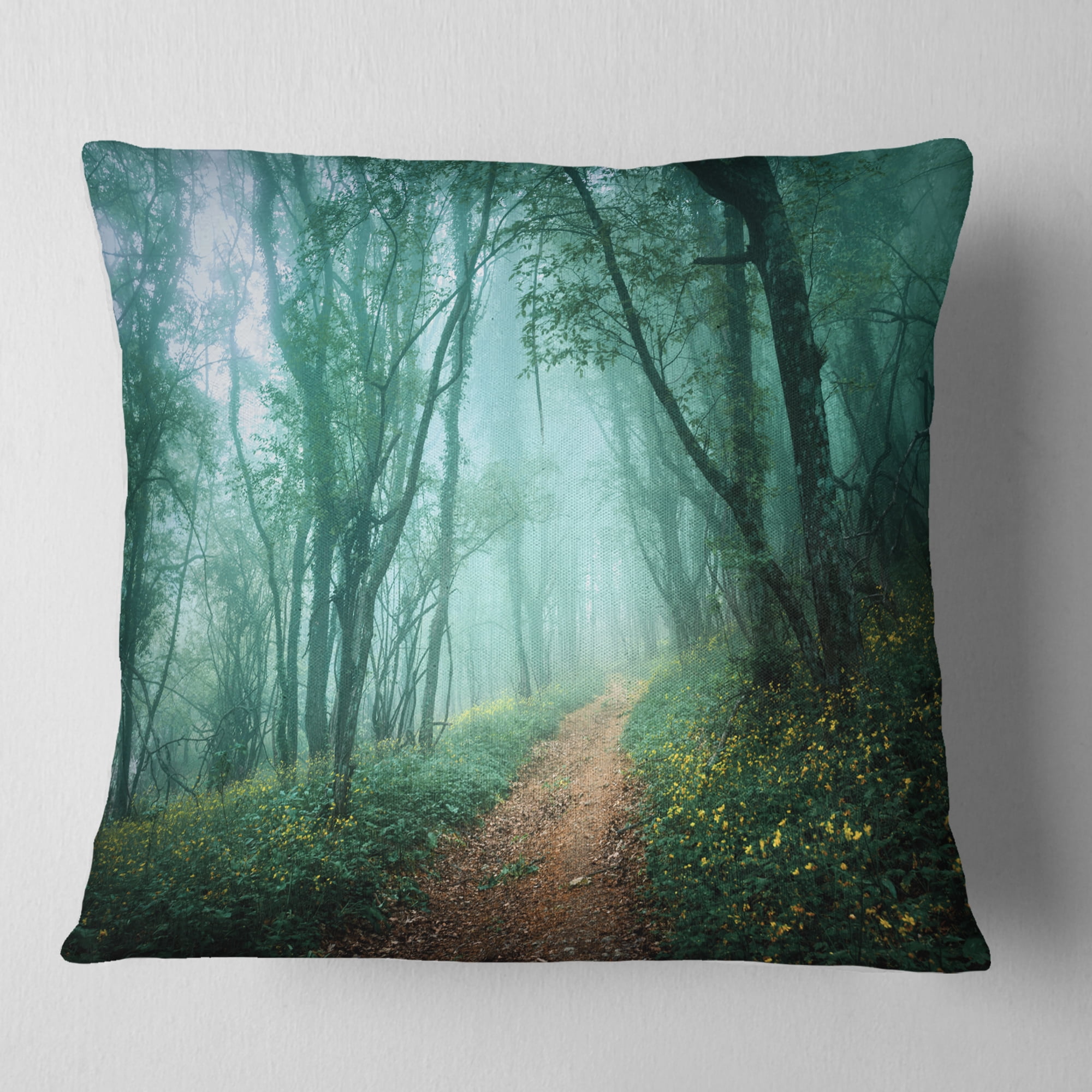 Designart Light Green Mystical Fall Forest - Landscape Photography Throw Pillow - 18x18