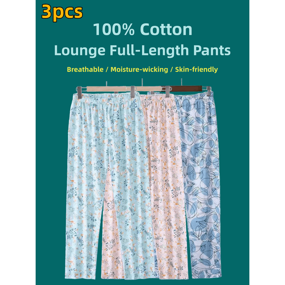 3-Pack Women's Long Pants - Small Floral Cotton Loungewear Pajama Pants, 100% Cotton, Breathable Sweat-Absorbent Skin-Friendly, Color-Block Casual Long Pants - All-Season