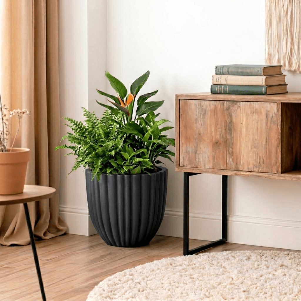 Ecobo 15.7" Tall, Eco-Friendly Round Planter Indoor/Outdoor use, Durable, Versatile & Lightweight, Designed by Brazilian Artisans, Contemporary All-Weather Design –Dark Gray