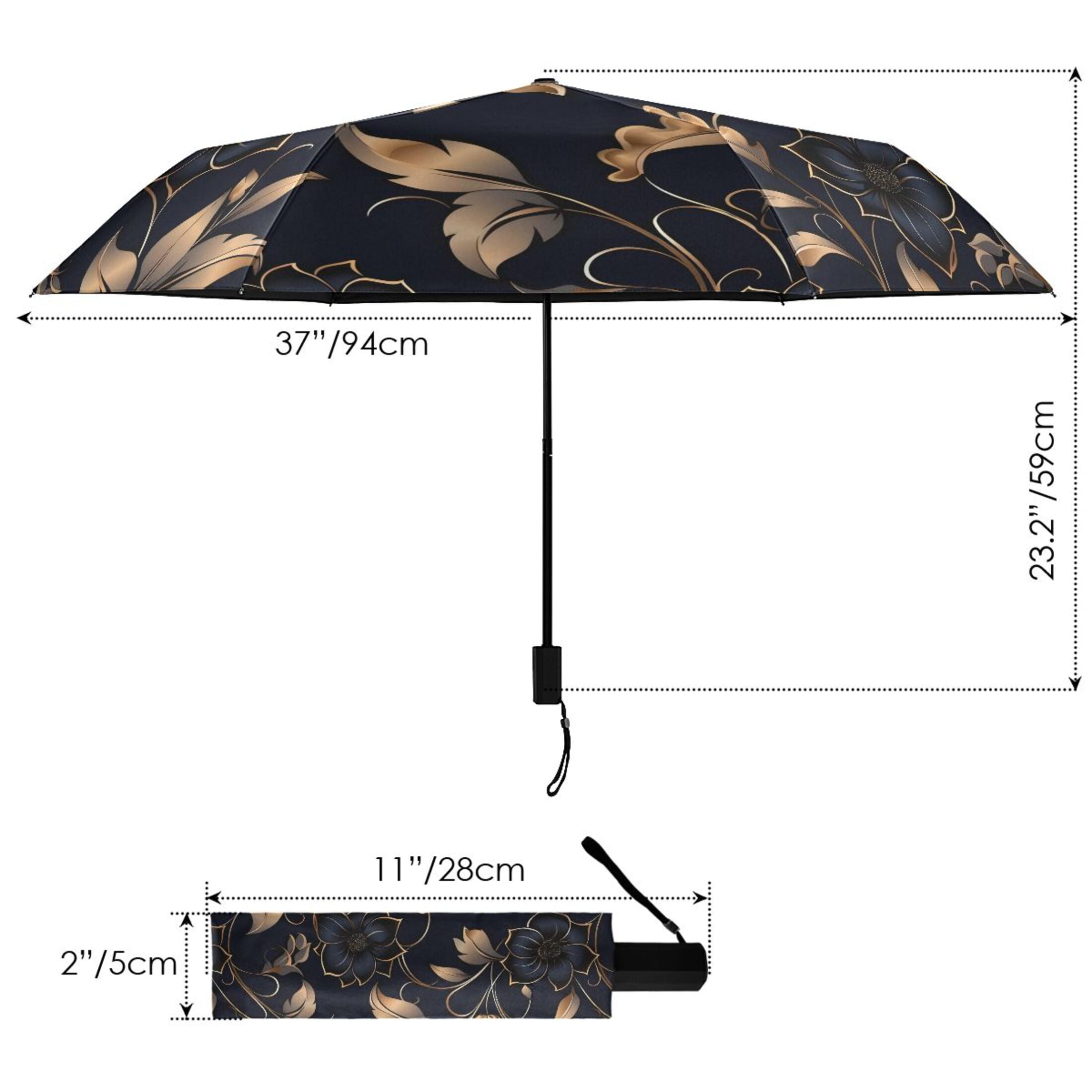 Gold Leaves and Elegant Flower Compact Sun Umbrella Windproof Travel Umbrellas for Rain Strong Portable UV Protection
