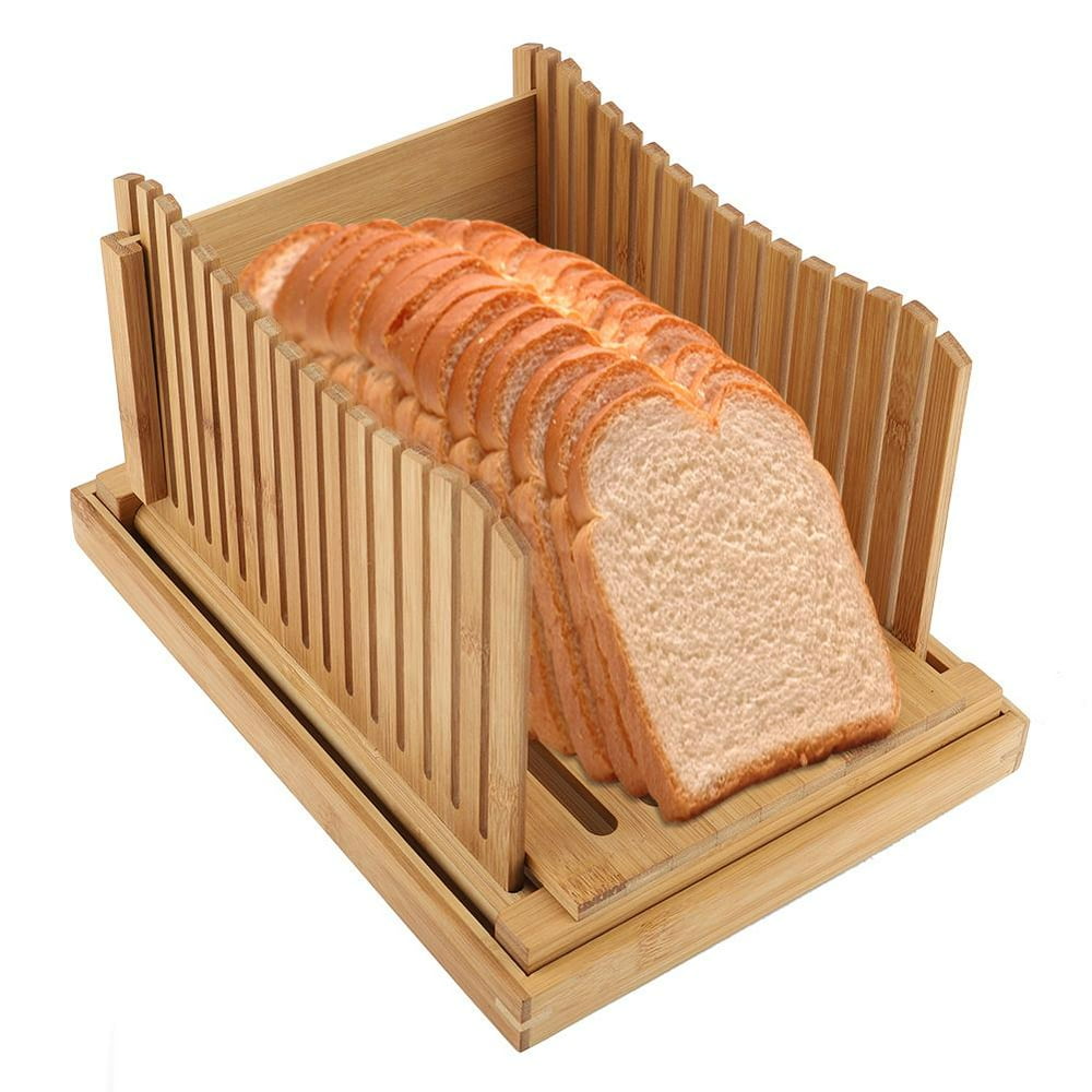 Mgaxyff Folding Bamboo Bread Slicer Guide with Crumb Catching Tray
