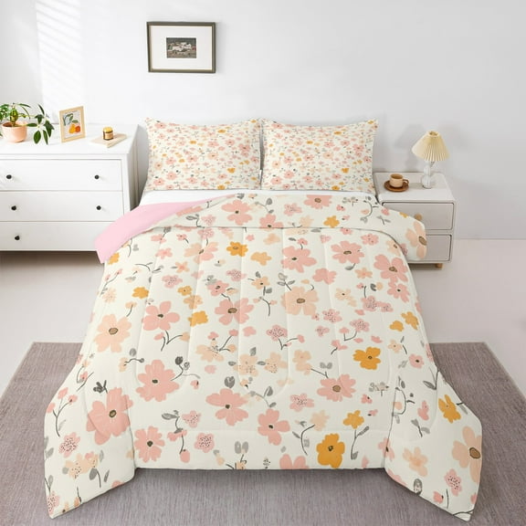 Manfei Retro Rustic Flower Bedding Comforter Set,Country Floral Twin Comforter Sets,Beige Pink Orange Bedding Set For Girls Kids,Microfiber Bedroom Decor Reversible,2-Piece