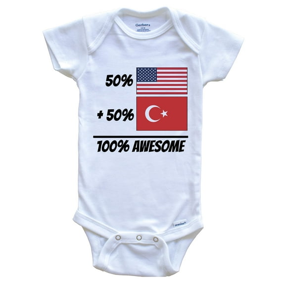50% American Plus 50% Turkish Equals 100% Awesome Cute Turkey Flag Baby Bodysuit, 0-3 Months White