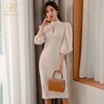 thumbnail image 3 of H Han Queen-vestido de tubo ajustado con manga abombada y cuello levantado para mujer, vestido Midi informal de color sólido, gran oferta, otoño, 3 of 5