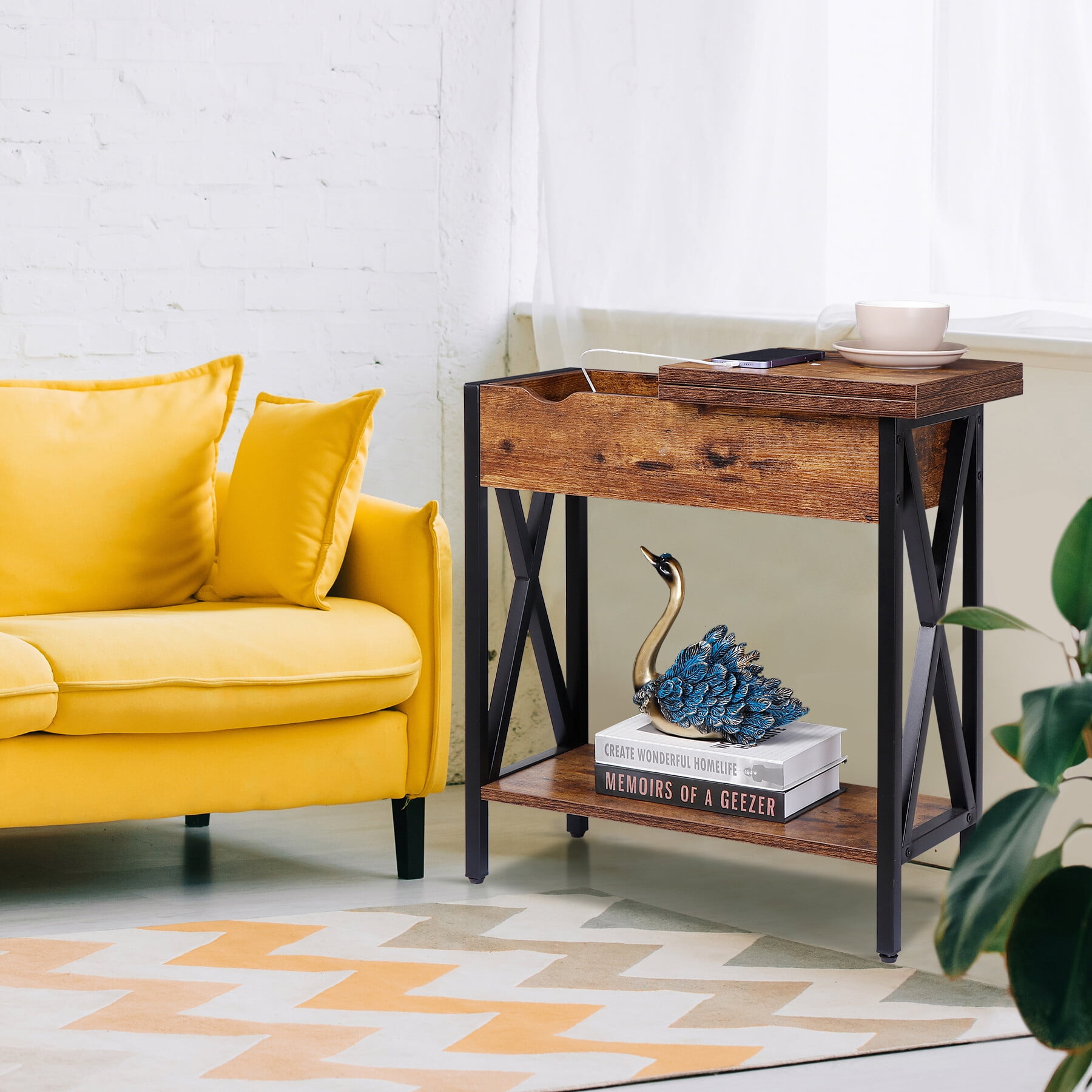 End Table With Charging Station, Flip Top Side Table With Storage Shelf Usb Ports Power Outlets Small Spaces Narrow Nightstand Living Room