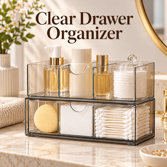 OZERAMedicine Cabinet Organizer 2 Pack, Clear Stackable Storage Drawers with Removable Divider, Makeup Organizer for Bathroom Mirror Cabinet, Vanity, Closet, Countertop