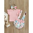 thumbnail image 2 of Gzhioc 3Pcs Baby Girls Fashion Outfit, Sweet Style Solid Color Fly Sleeve Round Collar Tops + Flower Printing Bow Suspender Shorts + Headwear, 2 of 9