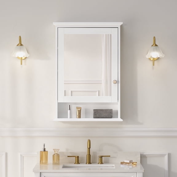 ANGELES HOME 24"x 34" Wall Mounted Wood Medicine Cabinet with Mirrors for Bathroom, Wooden Mirror Cabinet with 3-Tier Shelves and External Storage