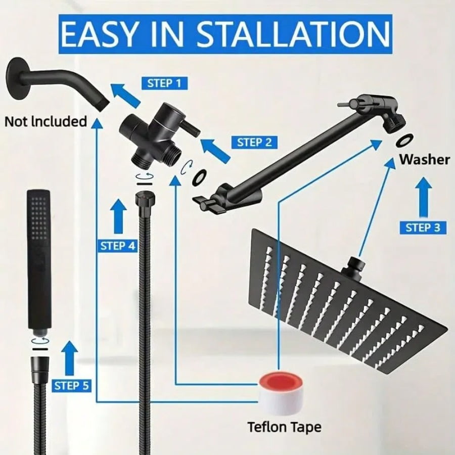 Shower Head with Hose, 8'' High Pressure Rain Shower Head, Handheld Shower Head Combo with 11'' Extension Arm, 2+1 Spray Settings Adjustable Shower Head with Holder, Height/Angle Adjustable