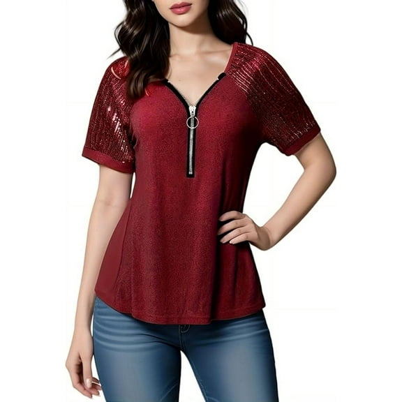 Plus size women's T-shirt Summer V-neck zipper elegant short sleeves