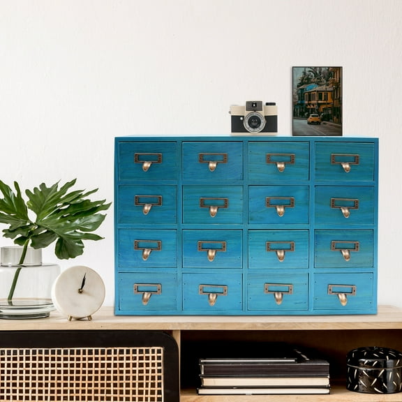 16 Drawers Apothecary Cabinet Library Card Catalog Cabinet, Tabletop Vintage Wooden Desk Drawer Organizer, Herb Storage Box