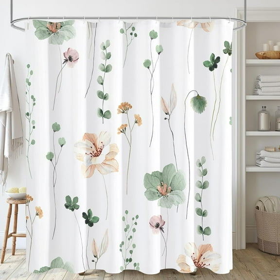Watercolor Floral Shower Curtain, Sage Green Beige Flower Shower Curtain for Bathroom, Modern Minimalist White Waterproof Fabric Shower Curtain Set 72x72 Inch
