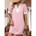 thumbnail image 2 of Summer Dresses for Women Boho Floral Puff Short Sleeve V Neck Trim Casual Mini Dress Sundress Pink M, 2 of 9