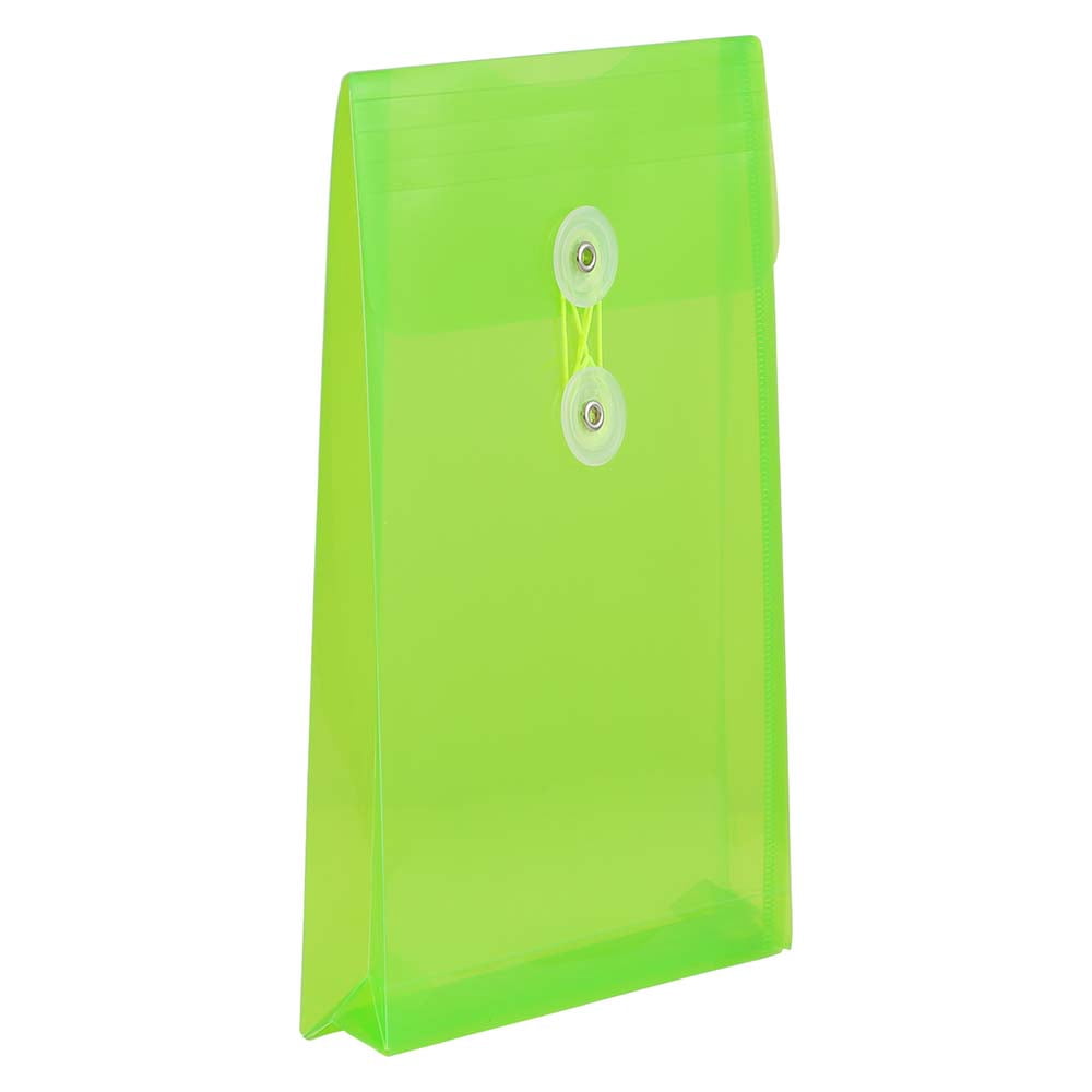 JAM Paper Plastic Envelopes with Button & String Tie Closure, 6 1/4 x 9 1/4, Lime Green, 3/Pack