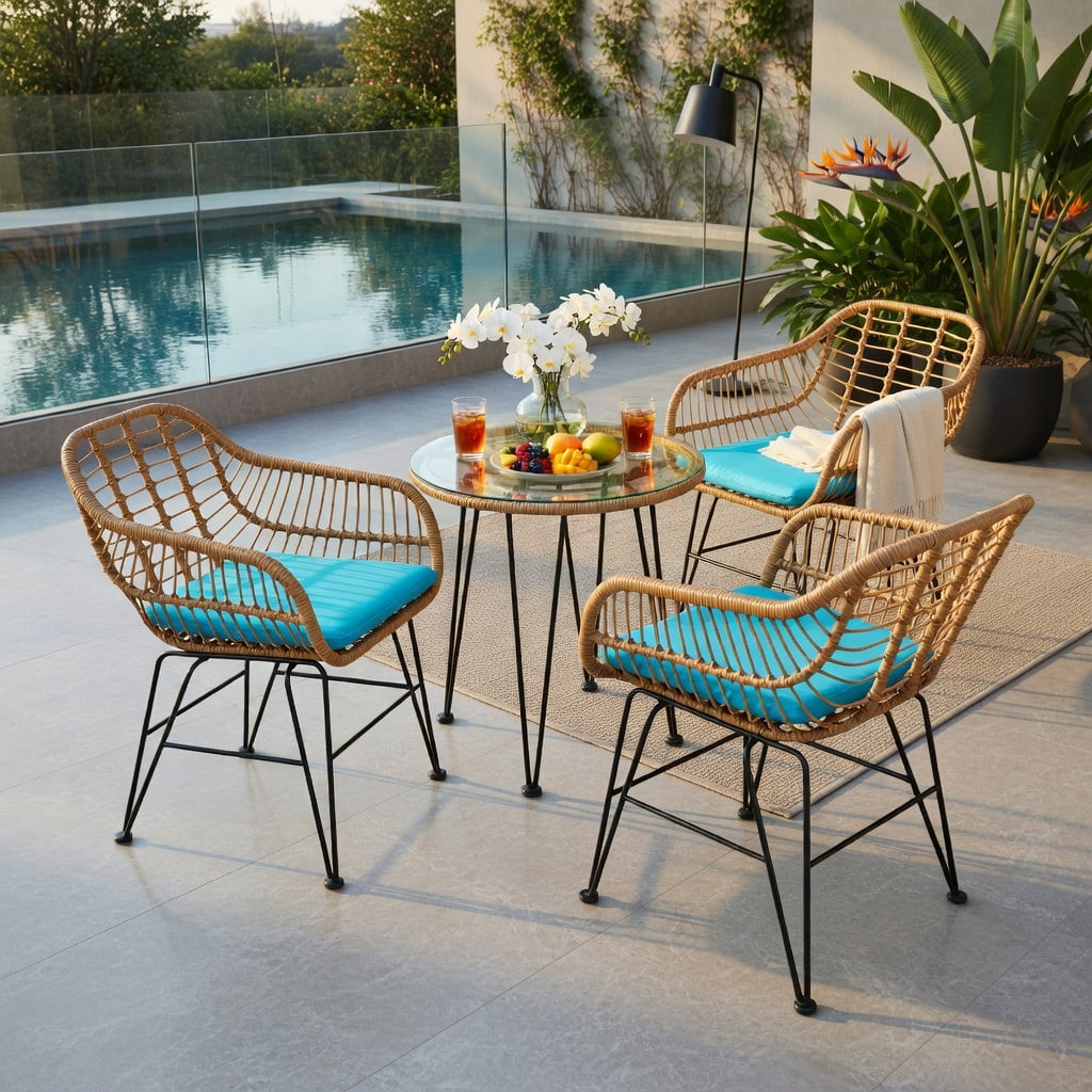 Hommoo 3-Piece Rattan Outdoor Furniture Set, 2 Cushioned Chairs + Tempered Glass Coffee Table, Turquoise