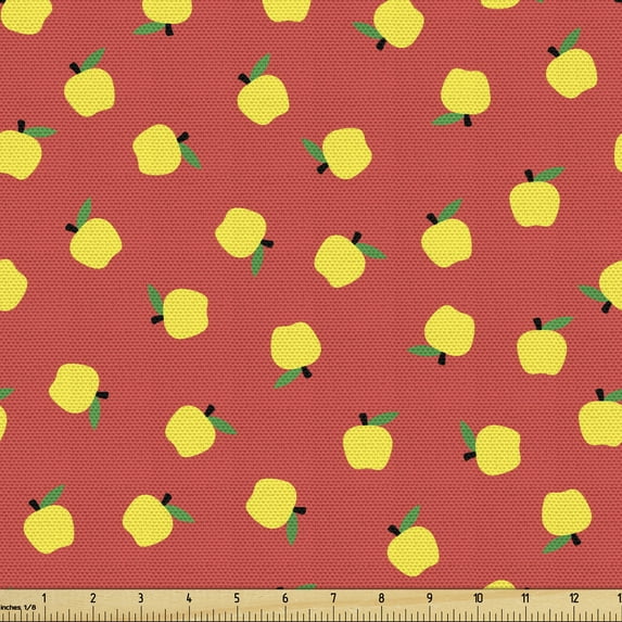 Fruit Art Sofa Upholstery Fabric by the Yard, Natural Theme Apples Pattern with Leaves Motif on Warm Background, Decorative Fabric for DIY & Home Accents, 2 Yards, Vermilion Yellow Green by Ambesonne