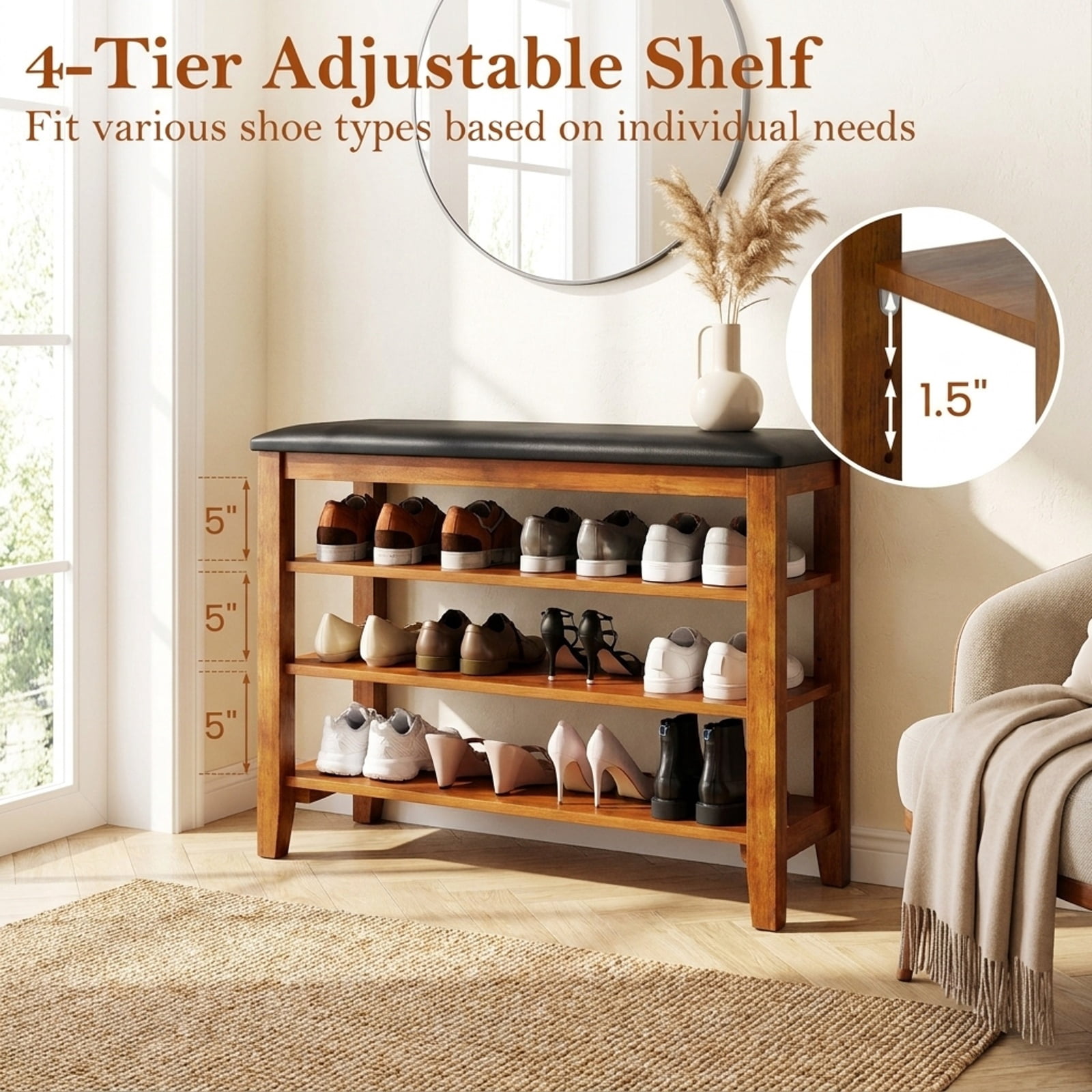 Furnibear 3 Tier Shoe Rack Bench with Adjustable Shelves and Soft Cushion for Entryway Living Room and Hallway Shoe Storage, Brown