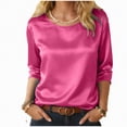thumbnail image 4 of mgoYE Women Silk Satin Tops Short Sleeve Blouse Crew Neck Shirts Business Casual Outfits(Hot Pink,S), 4 of 9