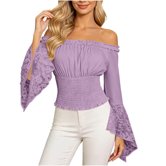 Women off Shoulder Lace Blouse, Convertible Square Neck Bell Long Sleeve Slim Top, Casual Elegant Shirt for Summer Autumn Dating Daily Outfits Purple L(L)