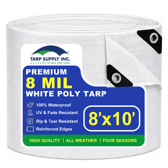 TARP SUPPLY Inc. 8' x 10' White Poly Tarp – 8 Mil Waterproof Tarpaulin with UV Protection | Aluminum Grommets & Reinforced Edges | for Party Tents, Boat Covers, RVs, Farm Use & Outdoor Shelter