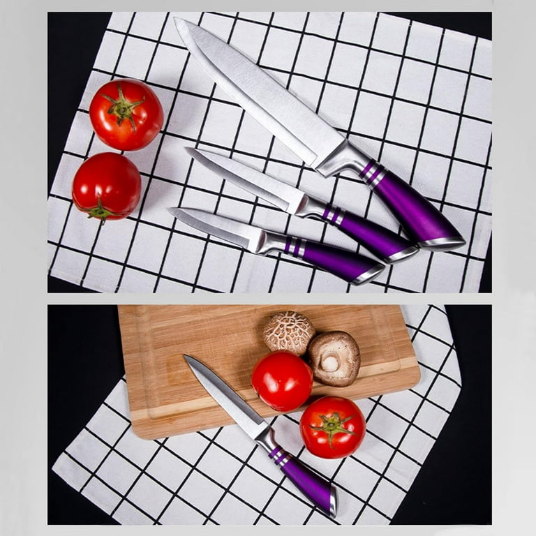 PurpleChef 10 Pieces Purple Galaxy Kitchen Knives Set. Includes 6 Stainless Steel Knives, Scissors, Knife Sharpener, Peeler, and Clear Acrylic Stand.