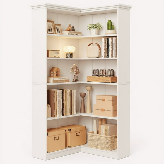 Garvee Large 5-Tier L-Shaped Corner Bookshelf, 35.5 x 35.5 x 72.8", White