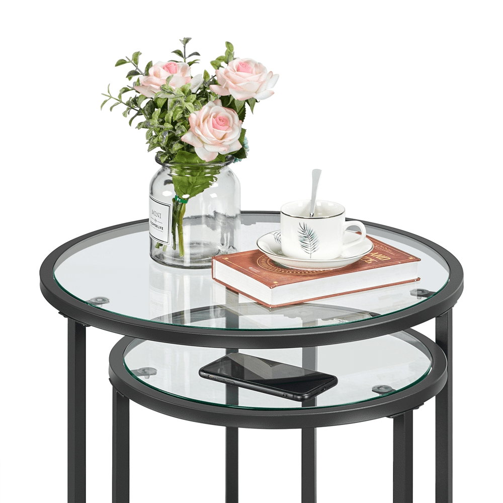 Alden Design Round Metal Nesting End Table Set of 2 with Glass Top for Living Room, Black
