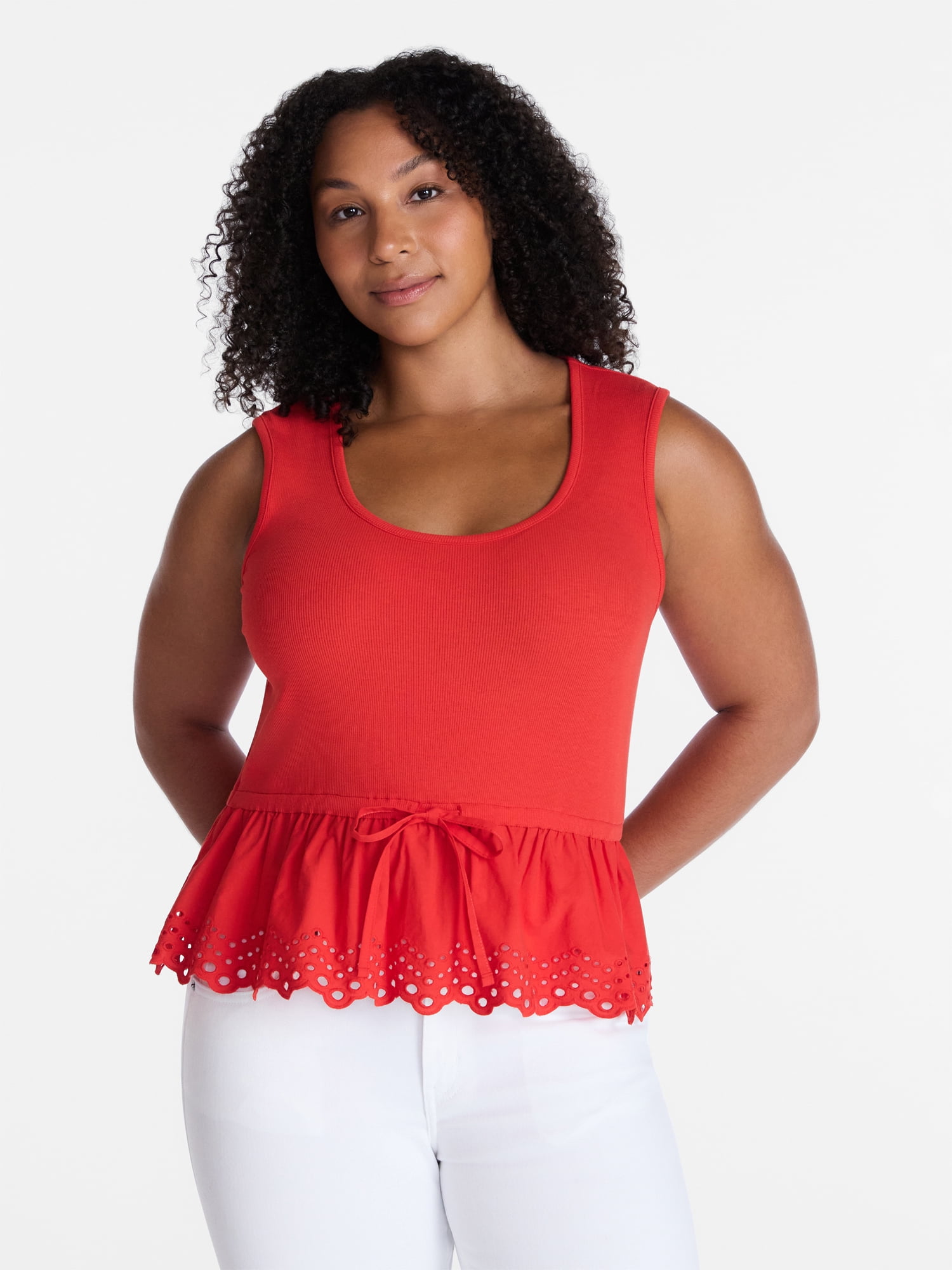 Time and Tru Women's Peplum Tank Top with Eyelet Trim, Sizes XS-XXXL