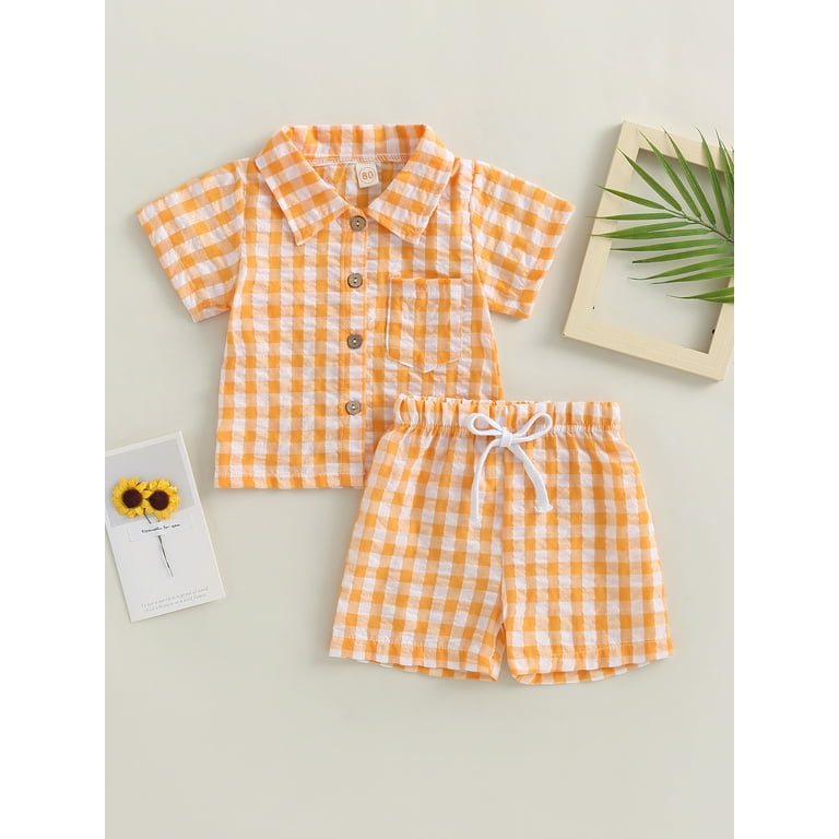 Licupiee Newborn Infant Boy Checkerboard Plaid Print Short Sleeve Button  Down Shirts Shorts Clothes Outfits