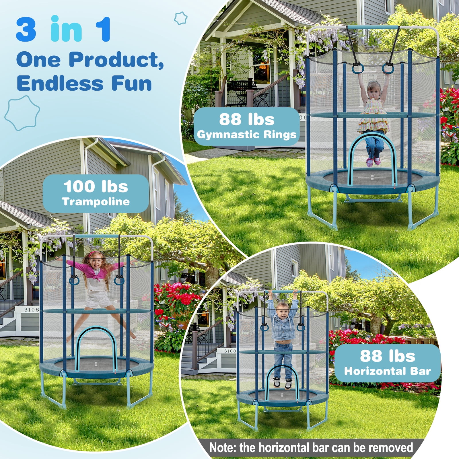 Infans 60" Trampoline for Kids w/Gymnastic Bar Rings Foamed Handle No Gap Design Blue