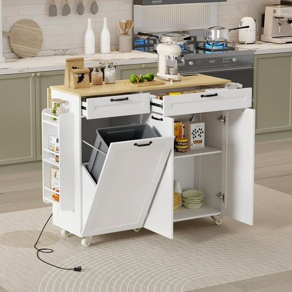 Rolling Kitchen Island Cart with Trash Can Storage ,Kitchen Island with Drop Leaf & Power Outlet , Kitchen Rolling Island with Spice Rack & Towel Rack, Holder, Knife Mobile Island Table for Kitchen