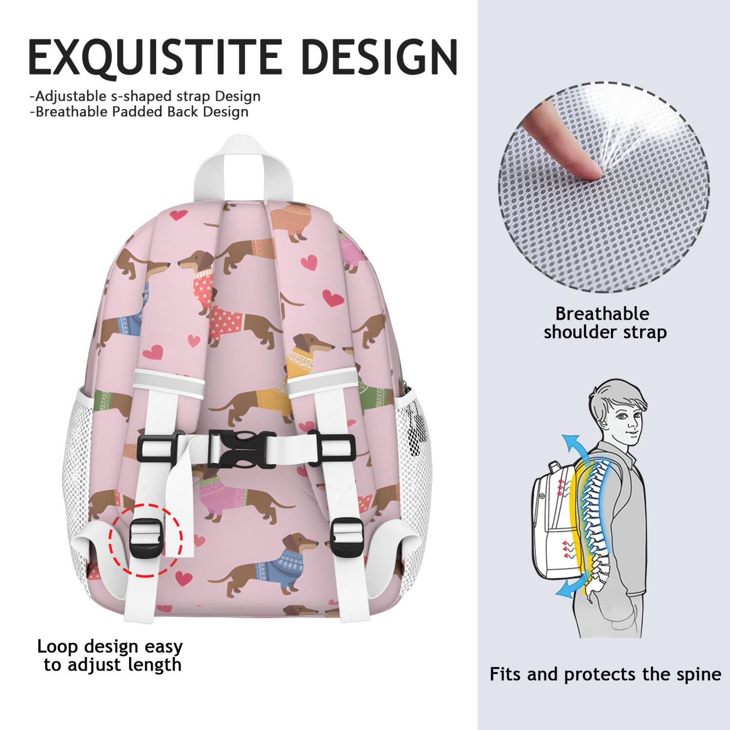 Colorful Funny Dachshund Backpack for School,Cute School Bag,Schoolbag with Adjustable Shoulder Straps & Padded Back,15"x11.42"x5.5"