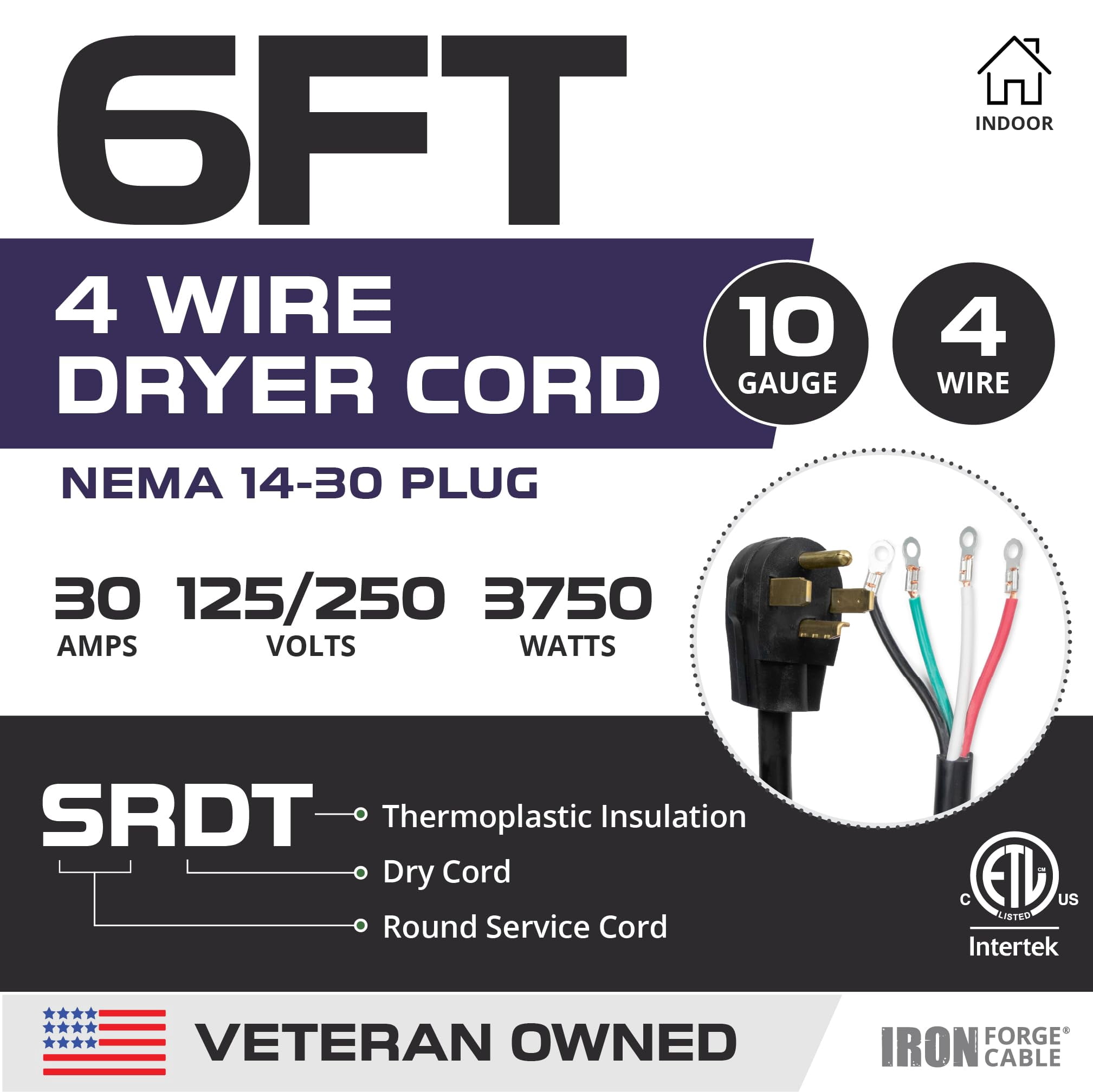 4 Prong Dryer Cord - 6 Ft Dryer Extension Cord Power Plug, 10/4 SRDT, 30 Amp, NEMA 14-30, Black