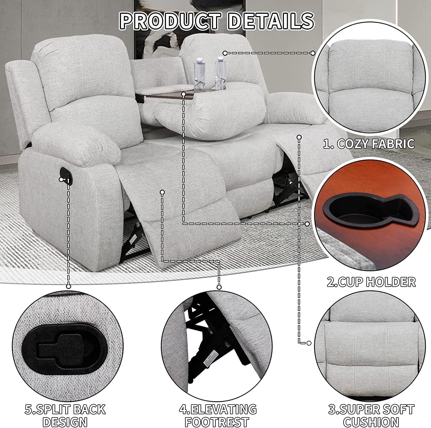 2 Piece Manual Recliner Sofa Couch, Home Theater Seating with Cup Holders, Living Room Furniture Sofa Set for Home Office (Sofa + Loveseat)