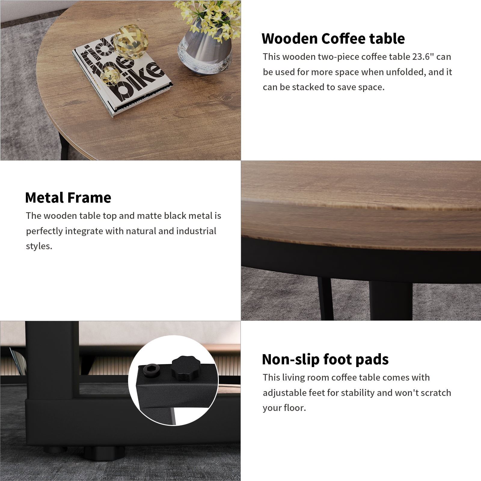 Algherohein Round Nesting Coffee Table Modern Marble Top Set of 2 for Living Room White Gold