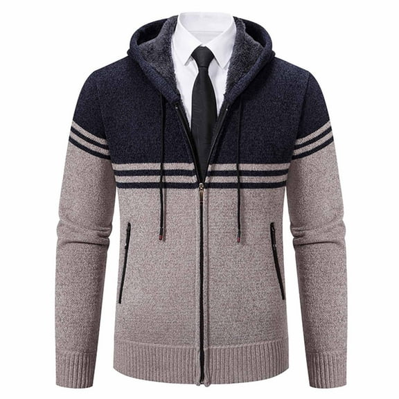 Generic Men's Cardigan Sweaters Fleece Thicken Warm Cardigan Top Knit Stand Collar Zipper Outerwear Trendy Color Block Jacket