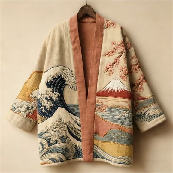 Women's Haori Kimono Shrug, Cotton Printed Open Front Short Cardigan, Oriental Art Casual 3/4 Sleeve Outerwear