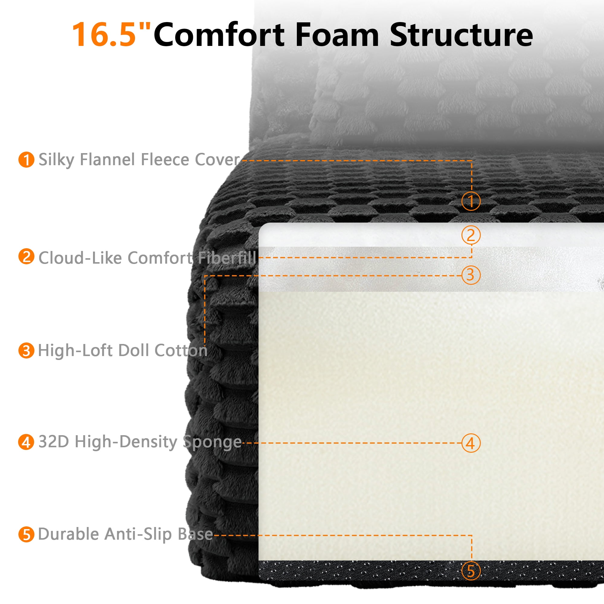 MAYEERTY 146" L-Shaped Modular Couch, Textured Flannelette, Movable Ottoman, Anti-Slip, No Assembly, Black