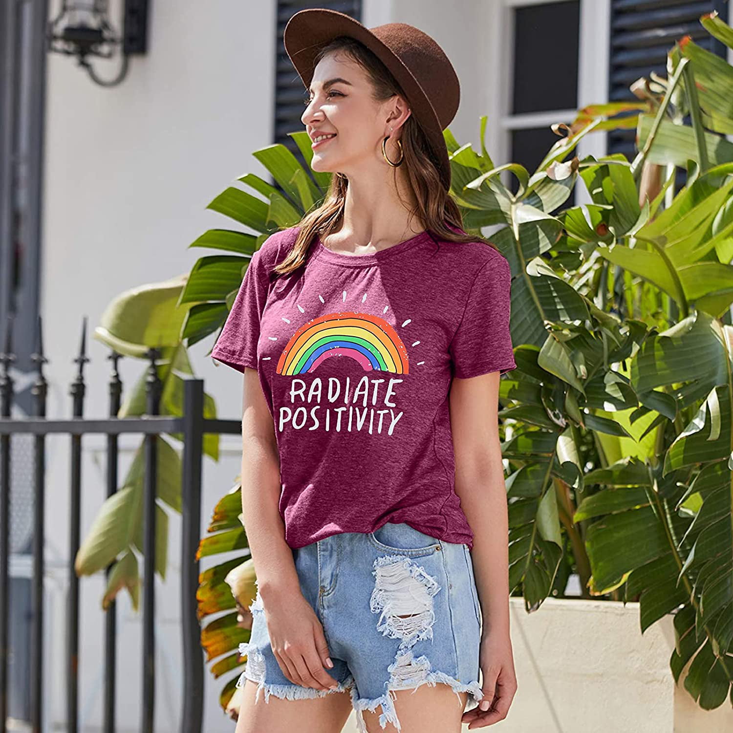 Women Radiate Positivity Rainbow T-Shirt Funny Letter Printed Rainbow Graphic Tee Summer Short Sleeve Shirts Tops Tee
