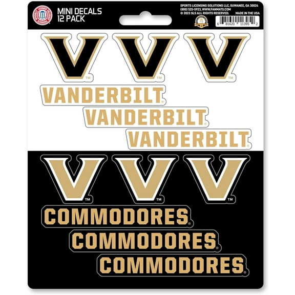 Vanderbilt University Commodores 12-Piece Mini Decal Sticker Set, 5x6 Inch Sheet, Gift for football fans for any hard surfaces around home, automotive, personal items